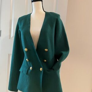 Marled Teal Double-Breasted Blazer with Gold Buttons